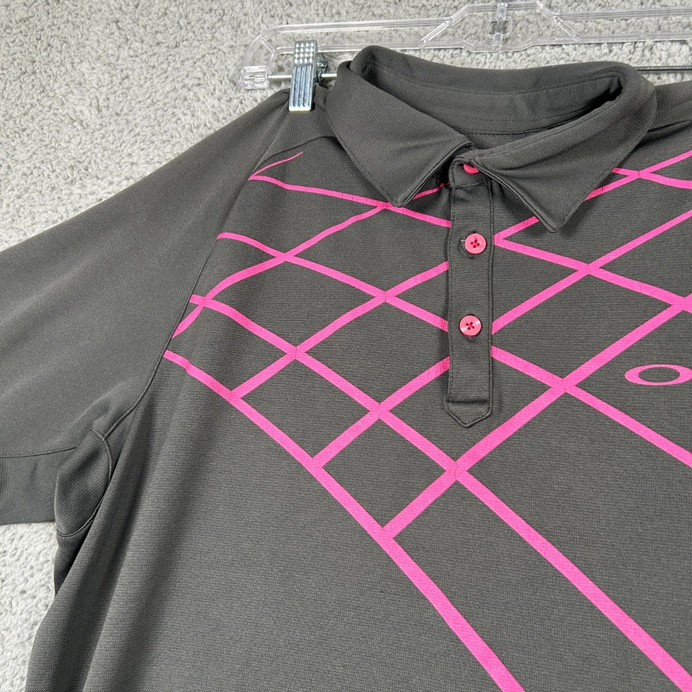 Oakley Men's Golf Polo Shirt Medium‎ Charcoal Pink Grid Logo Performance AOP